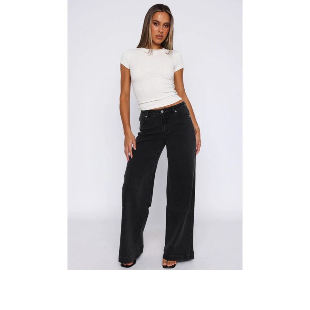 White Fox Elena Low Rise Denim Wide Leg Jeans Black Acid Women's Size Large NWT